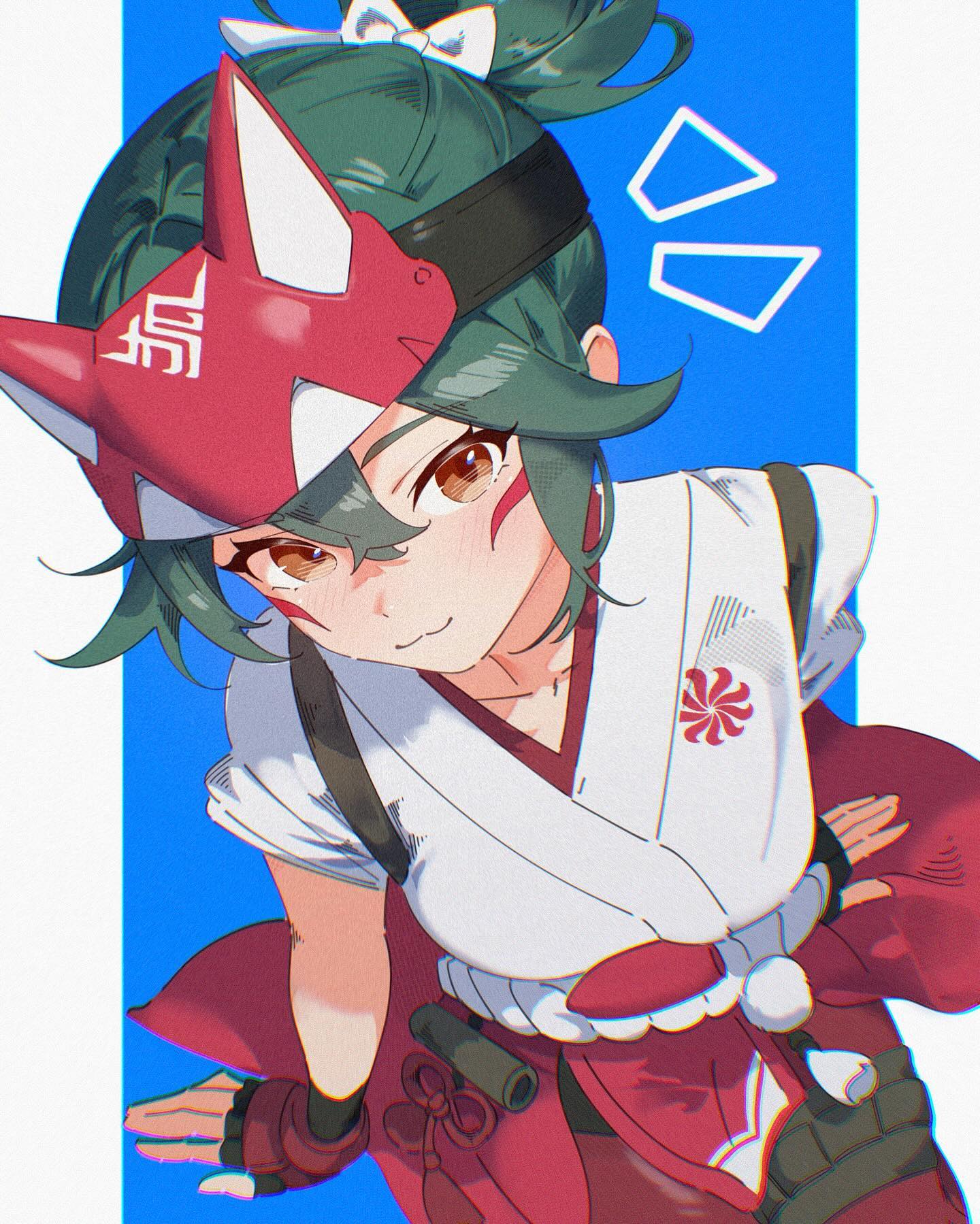 1girl, :3, animal_ears, animification, belt, black_gloves, blue_background, blurry