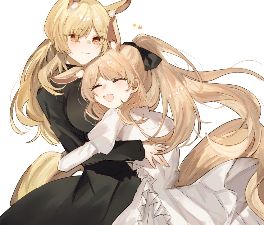 2girls, animal_ear_fluff, animal_ears, arknights, black_bow, black_dress, blemishine_(arknights), blemishine_(elite_ii)_(arknights)