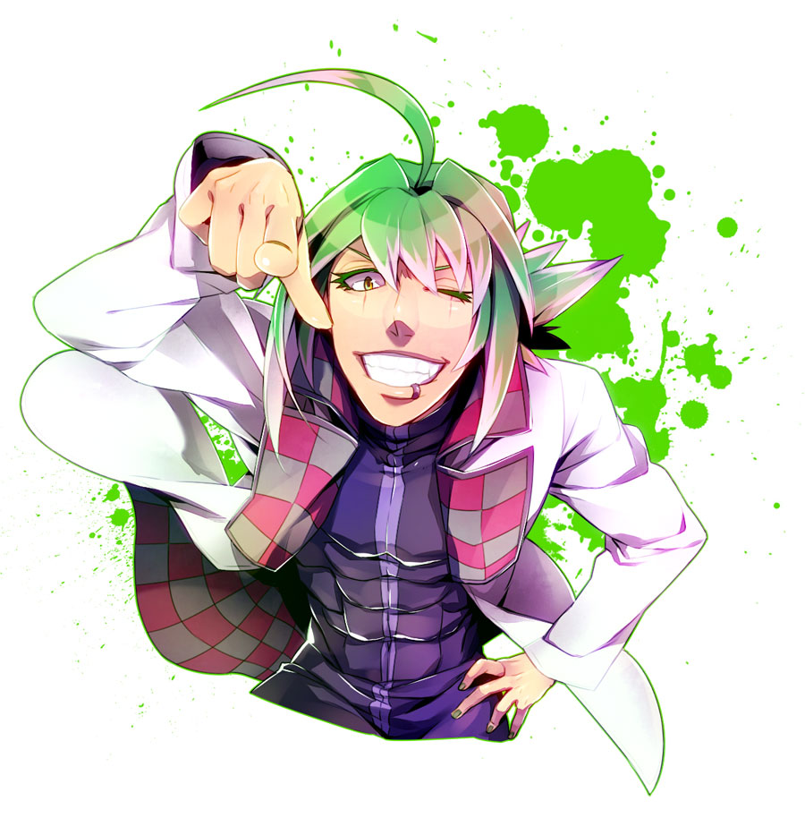 ahoge, ai_(0304atra), ai_(pixiv2263054), demonbane, doctor_west, green_hair, grin, hand_on_hip