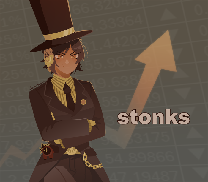 1girl, 1other, artist_name, belt, brown_coat, brown_eyes, brown_hair, brown_necktie, brown_pants, chain, clock, coat, commentary, dante_(limbus_company), dark-skinned_female, dark_skin, fire, gears, hat, limbus_company, meme, mini_person, necktie, object_head, outis_(project_moon), pants, project_moon, projecttiger, shirt, short_hair, stonks_(meme), striped_clothes, striped_shirt, symbol-only_commentary, t_corp._(identity)_(project_moon), top_hat, yellow_shirt