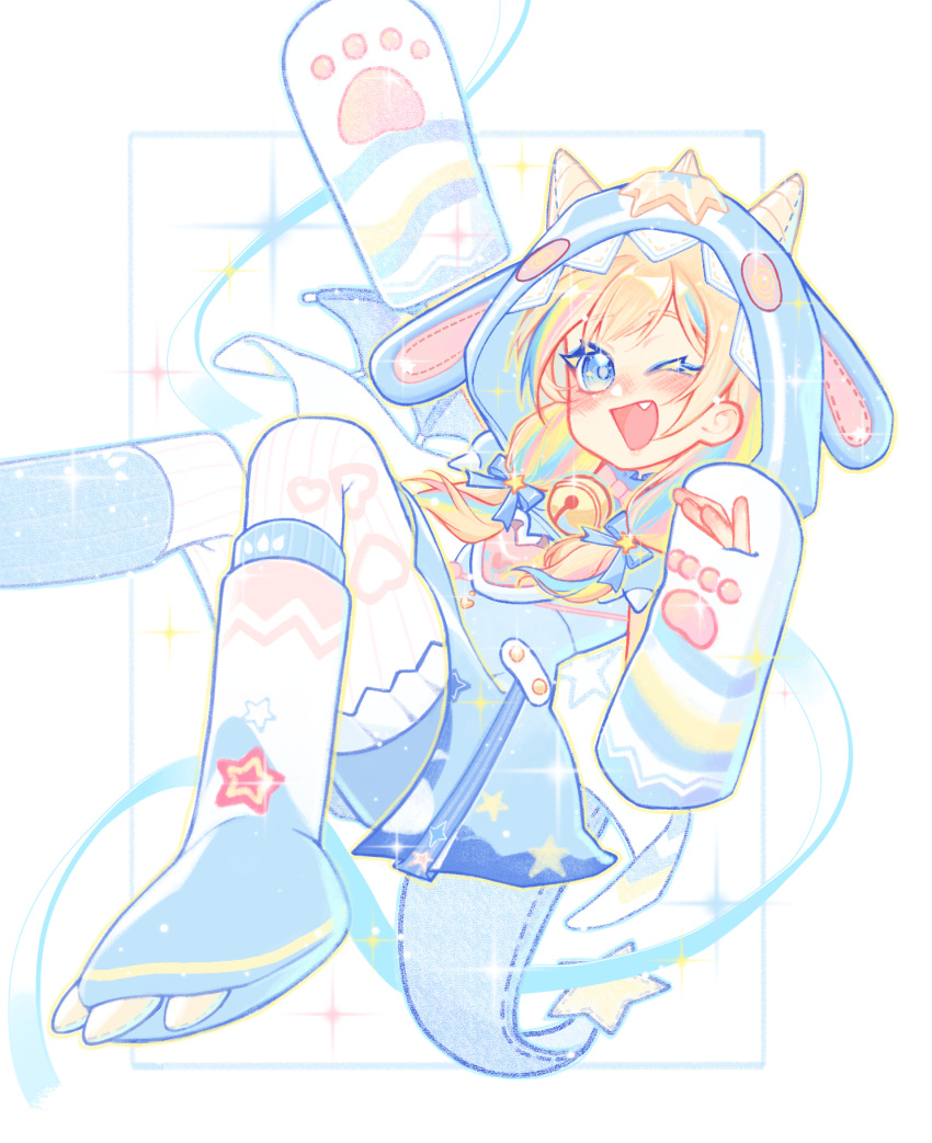 1girl, animal_costume, animal_ear_hood, animal_hands, arm_up, bell, blue_boots, blue_bow