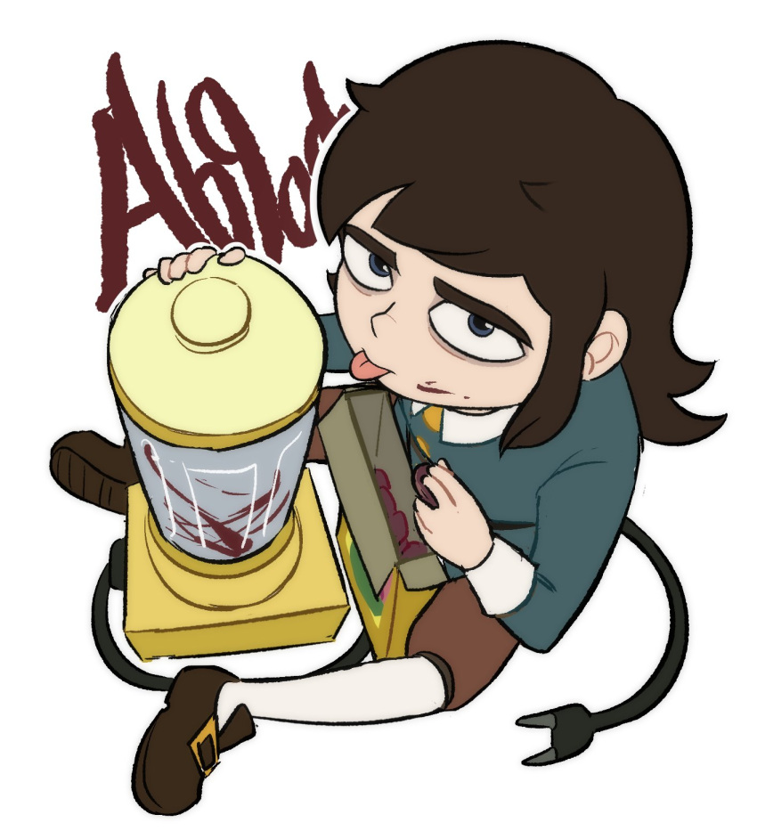 1boy, abaddon_(haunted_hotel), blender_(medium), blue_coat, blue_eyes, brown_hair, character_name, coat, commentary_request, ech_hz, full_body, haunted_hotel, highres, korean_commentary, long_hair, looking_at_viewer, male_focus, simple_background, sitting, solo, tongue, tongue_out, white_background