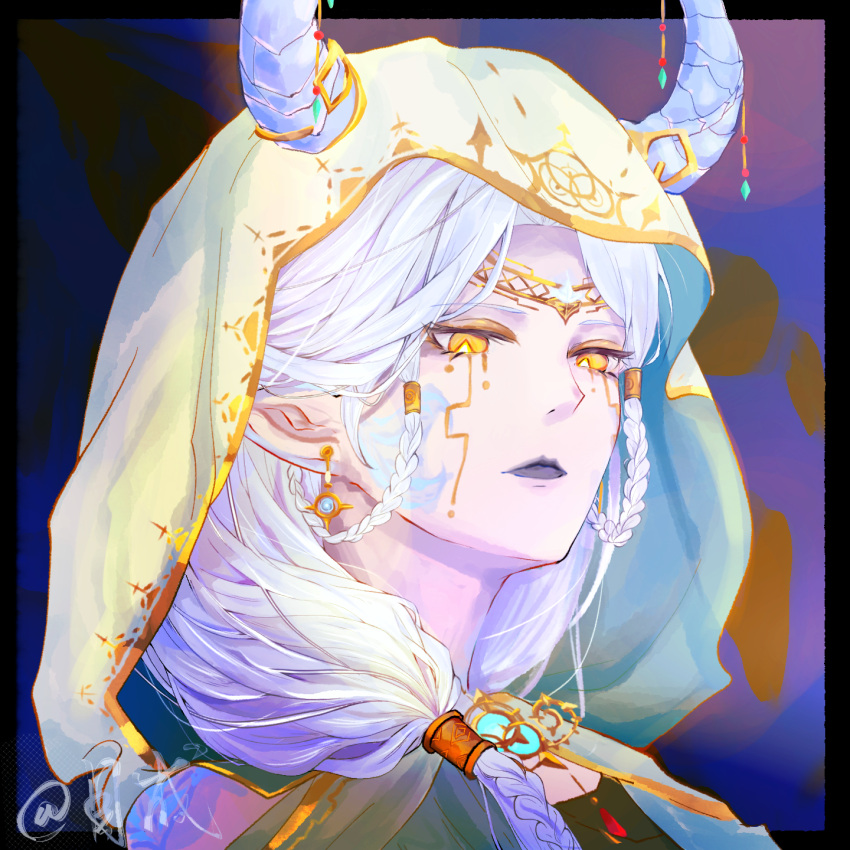 1girl, bare_shoulders, black_border, blue_horns, blue_lips, blue_scales, border, braid