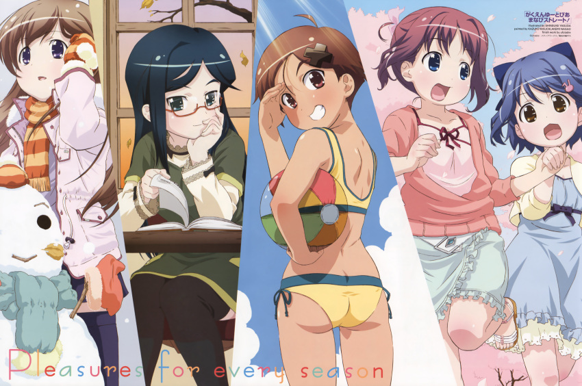 :3, absurdres, adjusting_hair, ahoge, amamiya_manami, aqua_eyes, ass, back, ball, beachball, bikini, black_hair, black_legwear, black_thighhighs, blue_eyes, blue_hair, blush, book, brown_eyes, brown_hair, cherry_blossoms, chin_rest, cloud, clouds, coat, column_lineup, desk, dress, english, etoh_mei, etou_mei, feet, frills, gakuen_utopia_manabi_straight, gakuen_utopia_manabi_straight!, glasses, grin, hair_ornament, hairclip, hand_holding, happy, highres, holding_hands, inamori_mika, lineup, long_hair, looking_back, megami, glasses, mittens, mizugi, multiple_girls, odori_momoha, official_art, open_mouth, oshiri, outdoors, purple_hair, red_eyes, running, sandals, scan, scarf, shading_eyes, short_hair, side-tie_bikini, sitting, skirt, sky, smile, snow, snowman, striped, striped_scarf, sunset, swimsuit, tankini, thigh-highs, thighhighs, uehara_mutsuki, window, yasuda_shinsuke, zettai_ryouiki
