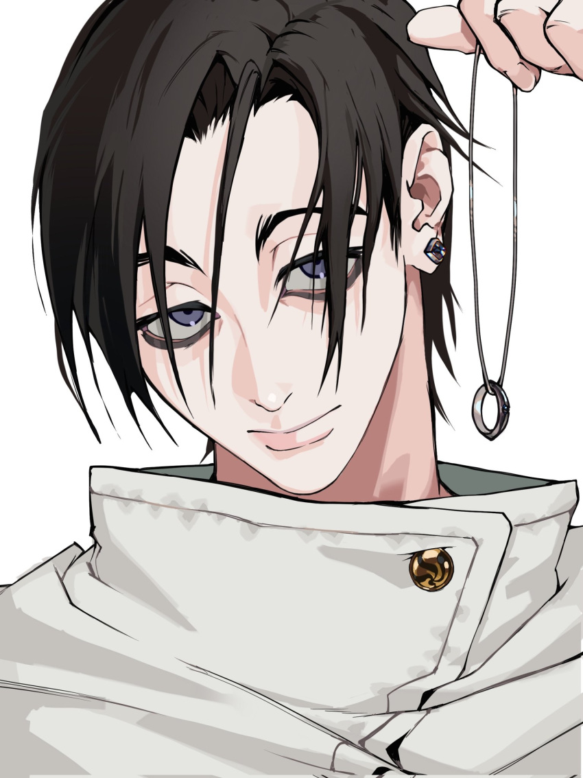 1boy, bags_under_eyes, blue_eyes, earrings, highres, jacket, jewelry, jujutsu_kaisen