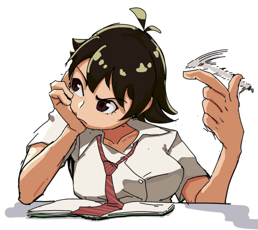 1girl, book, collarbone, lineni, looking_to_the_side, makoto_(street_fighter), necktie, pen