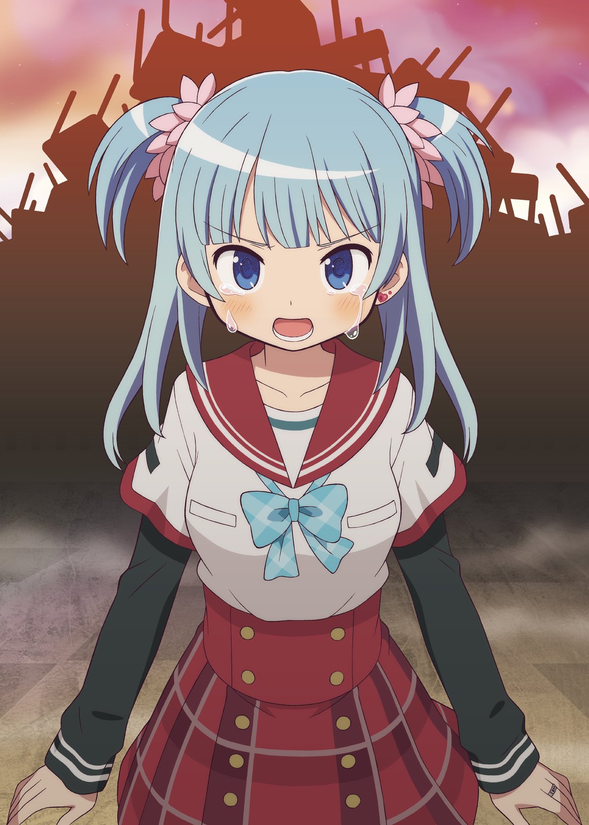 1girl, anime_coloring, black_sleeves, blue_bow, blue_bowtie, blue_eyes, blue_hair, bow, bowtie, breast_pocket, breasts, chair, clouds, collarbone, comiket_107, commentary_request, cover, cover_page, cowboy_shot, crying, crying_with_eyes_open, dot_nose, doujin_cover, earrings, flower, gecchu, gold_buttons, hair_flower, hair_ornament, heart, heart_earrings, high-waist_skirt, highres, jewelry, kamihama_university_affiliated_school_uniform, layered_sleeves, light_blush, long_hair, long_sleeves, looking_at_viewer, lower_teeth_only, magia_record:_mahou_shoujo_madoka_magica_gaiden, mahou_shoujo_madoka_magica, minami_rena, miniskirt, official_style, open_mouth, outdoors, pile, pile_of_chairs, pink_flower, plaid_bow, plaid_bowtie, plaid_clothes, plaid_skirt, pocket, purple_sky, red_sailor_collar, red_skirt, ring, sad, sailor_collar, school_chair, school_uniform, shirt, short_over_long_sleeves, short_sleeves, single_earring, skirt, sky, sleeves_past_wrists, smoke, solo, straight-on, stud_earrings, sunset, tareme, teardrop, tears, teeth, twintails, two_side_up, v-shaped_eyebrows, white_shirt