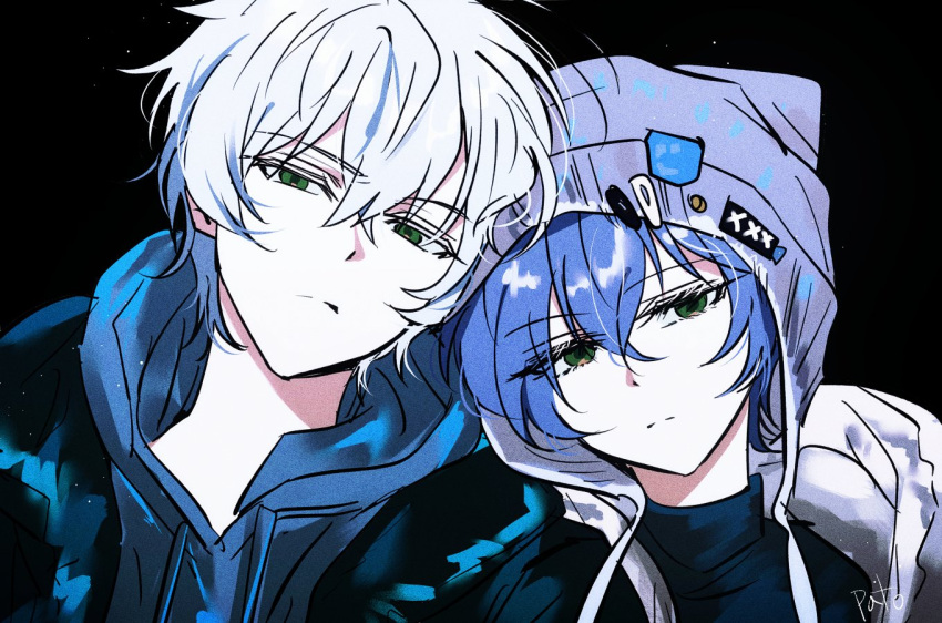 1boy, 1girl, beanie, belle_(zenless_zone_zero), black_background, black_jacket, black_shirt, blue_hair