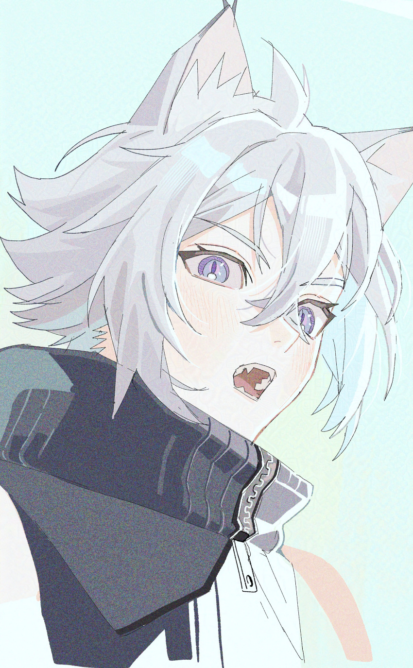 1boy, absurdres, animal_ear_fluff, animal_ears, black_shirt, blue_eyes, double-parted_bangs, eyelashes