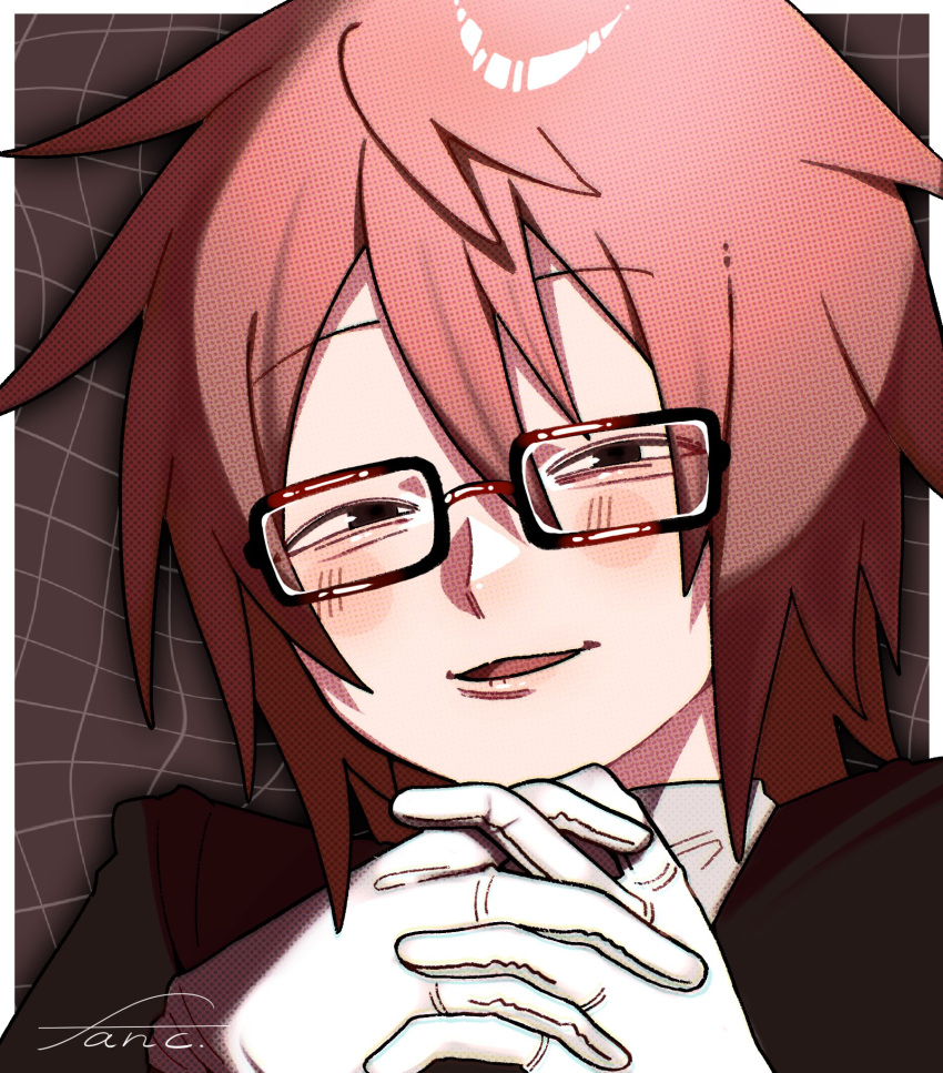 1boy, black_eyes, brown_background, chapped_lips, commentary_request, glasses, gloves, hands_up