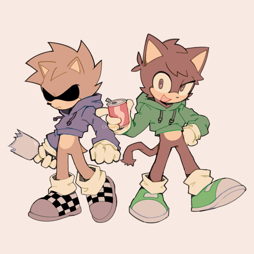 2boys, animal_ears, antenna_hair, blue_hoodie, bottle, brown_eyes, brown_fur, brown_hair