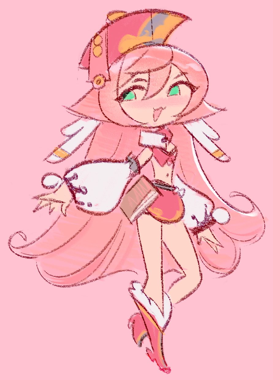 :3, antlers, boots, breasts, chinese_clothes, detached_sleeves, full_body, genshin_impact, green_eyes, hair_between_eyes, hat, high_heel_boots, high_heels, highres, horns, long_hair, no_sclera, open_mouth, pink_background, pink_hair, puffy_detached_sleeves, puffy_sleeves, red_hat, red_skirt, shgrcube, simple_background, skirt, small_breasts, smile, solo, stomach, very_long_hair, vision_(genshin_impact), yanfei_(genshin_impact)