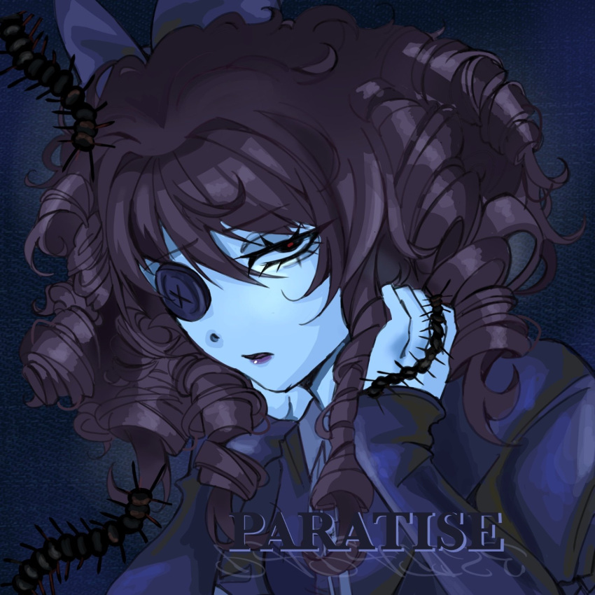 1girl, album_cover_redraw, alien_stage, black_eyes, black_shirt, bow, bug, button_eyes, buttons, centipede, commentary, derivative_work, hair_bow, hands_on_own_neck, highres, long_sleeves, ragatha_(the_amazing_digital_circus), red_pupils, ringlets, shirt, solo, song_name, the_amazing_digital_circus, vxnillove