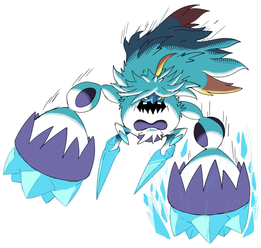 ahoge, animal_focus, blank_eyes, blonde_hair, blue_trim, body_fur, colored_skin, crab