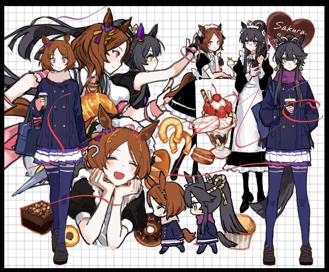 2girls, :d, ^_^, animal_ears, apple_da-ze, apron, arm_at_side, bag, bandaid, bandaid_on_face, bandaid_on_nose, black_border, black_coat, black_dress, black_hair, black_shoes, blue_bag, border, bottle, bread, brown_hair, buttons, candy, cherry, chocolate, closed_eyes, closed_mouth, coat, commentary_request, cookie, croissant, cup, disposable_cup, double-breasted, doughnut, dress, ear_covers, enmaided, fingerless_gloves, food, fruit, gloves, grid_background, hand_in_pocket, heart, heart-shaped_chocolate, heart-shaped_food, holding, holding_bottle, holding_cup, holding_umbrella, horse_ears, horse_girl, horse_tail, juliet_sleeves, long_hair, long_sleeves, macaron, maid, maid_headdress, muffin, multiple_girls, multiple_views, narita_brian_(hungry_wolves)_(umamusume), narita_brian_(umamusume), open_mouth, parfait, pink_eyes, pink_scarf, puffy_short_sleeves, puffy_sleeves, purple_scarf, purple_skirt, purple_thighhighs, sakura_laurel_(saisir_le_reve)_(umamusume), sakura_laurel_(umamusume), sample_watermark, scarf, school_bag, school_uniform, shoes, short_hair, short_sleeves, single_ear_cover, skirt, smile, standing, tail, thigh-highs, tracen_school_uniform, umamusume, umbrella, wafer_stick, watermark, white_apron, white_background, white_umbrella, wrist_cuffs, yellow_eyes
