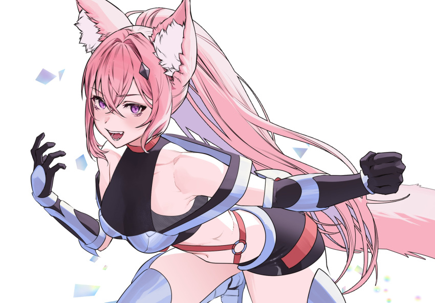 animal_ears, bare_shoulders, black_shorts, boshke, breasts, clenched_hand, collar, fangs