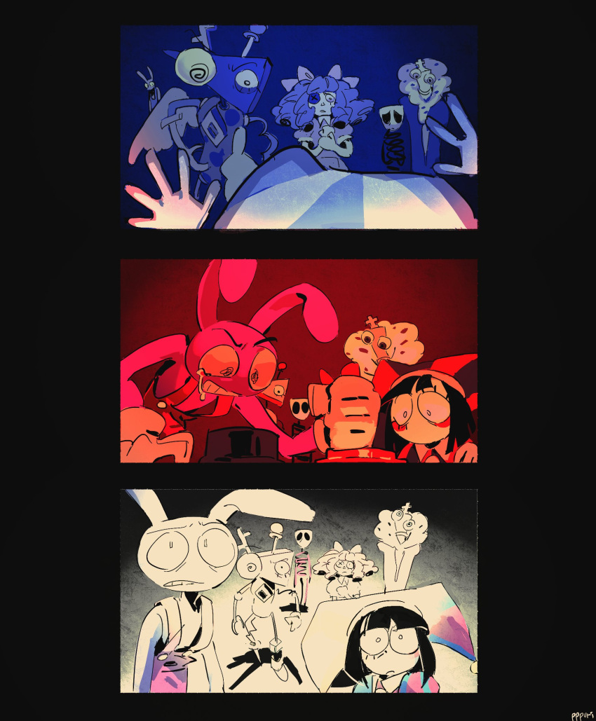 1other, 2boys, 3girls, bow, chess_piece, clenched_hand, commentary, curly_hair