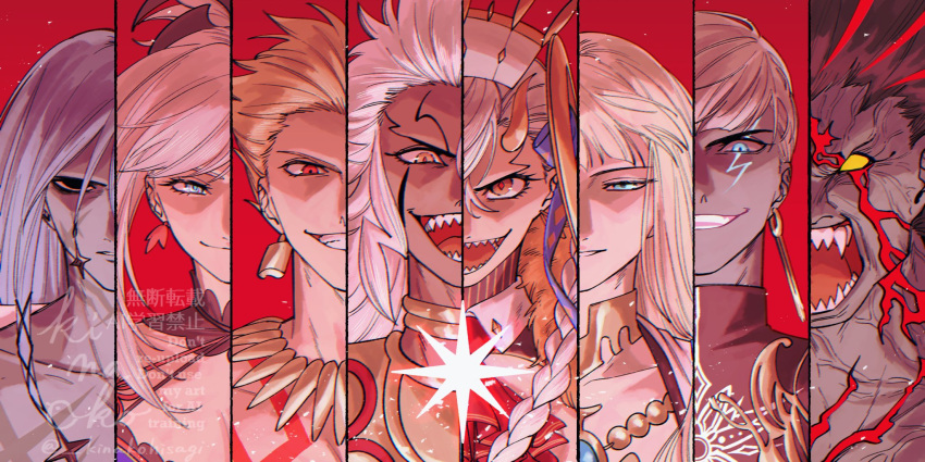 2girls, 6+boys, azrael_(grand_assassin)_(fate), black_eyes, black_hair, blonde_hair, blue_eyes, braid