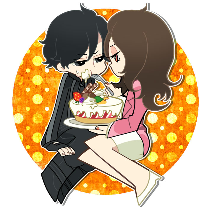 1boy, 1girl, 441832, bare_legs, black_hair, brown_hair, feeding, food