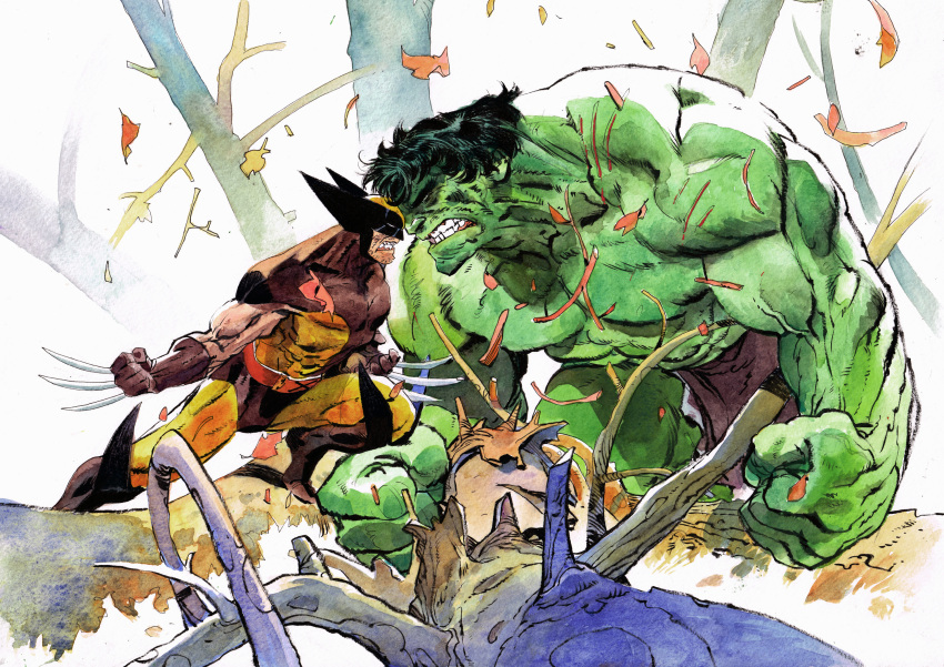 2boys, bodysuit, claw_(weapon), colored_skin, fighting_stance, green_skin, highres, hulk, male_focus, marvel, matias_bergara, multicolored_bodysuit, multiple_boys, muscular, muscular_male, superhero_costume, two-tone_bodysuit, weapon, wolverine_(x-men), x-men, yellow_bodysuit