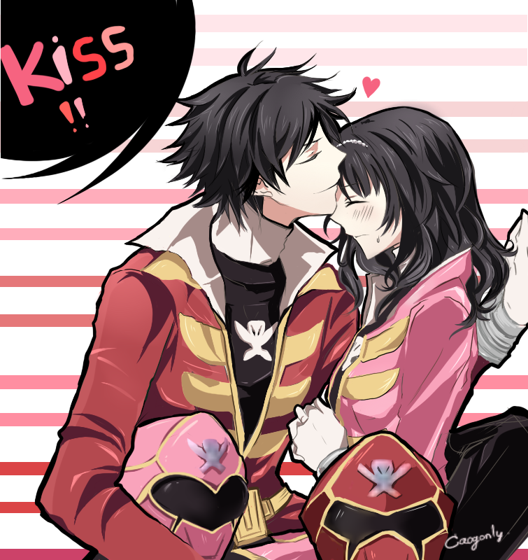 1boy, 1girl, ahim_de_famille, caogonly, captain_marvelous, couple, female, forehead_kiss
