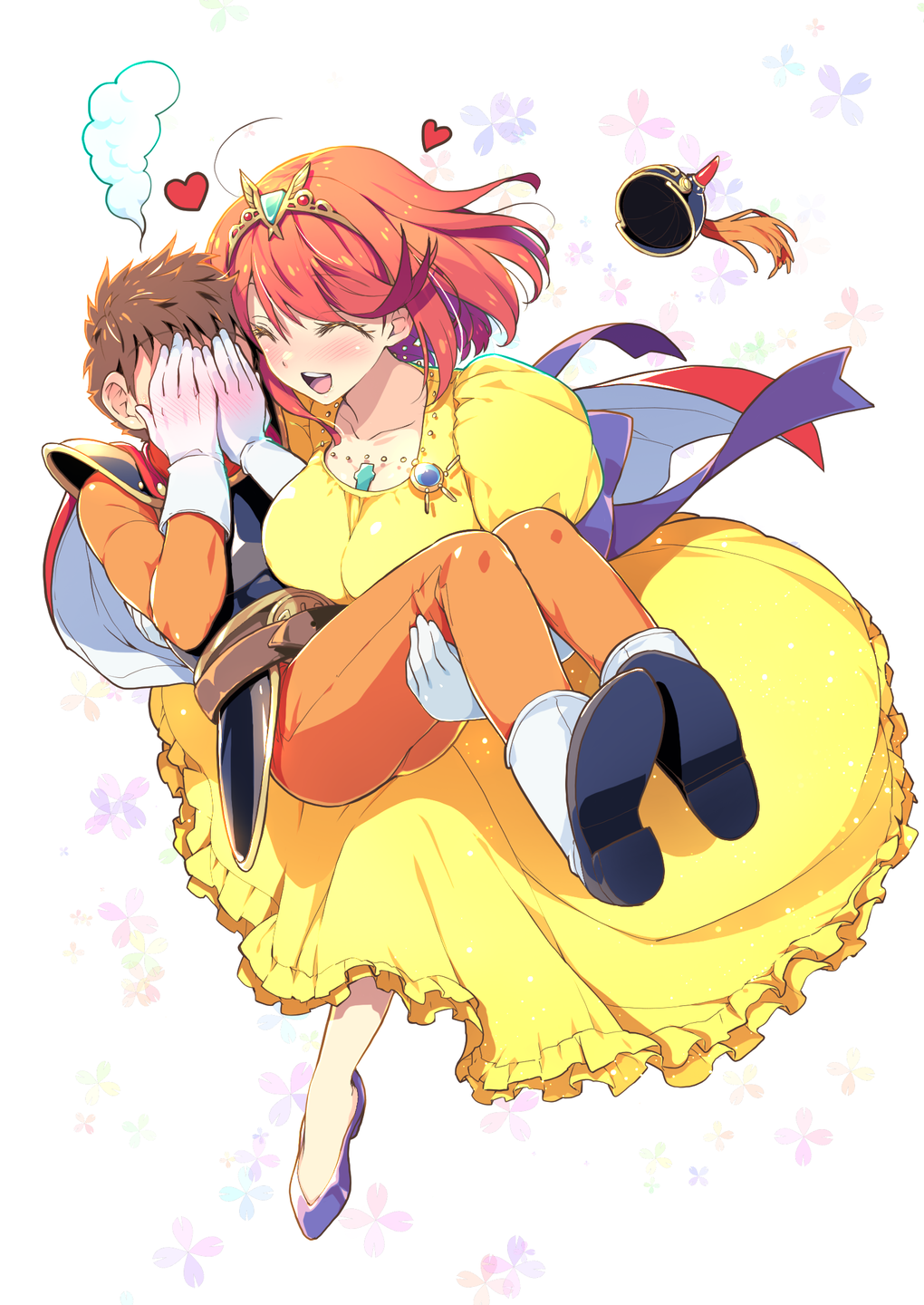 1boy, 1girl, armor, blush, blush_visible_through_hands, bodysuit, breasts, closed_eyes