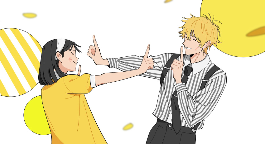 1boy, 1girl, black_hair, black_necktie, black_pants, blonde_hair, clickuu, closed_eyes