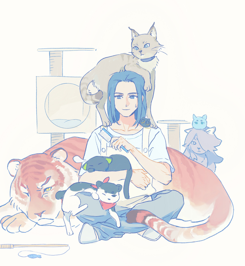 1boy, absurdres, animalization, apron, bandana, black_cat, blue_eyes, blue_hair, cat, cat_tower, character_request, chinese_commentary, closed_mouth, commentary_request, grey_pants, hanmaodou47529, highres, holding, holding_brush, luo_xiaohei, luo_xiaohei_(cat), luye_(the_legend_of_luoxiaohei), lynx, male_focus, pants, red_bandana, shirt, shoes, sitting, smile, sweat, the_legend_of_luo_xiaohei, tiger, white_apron, white_background, white_shirt, white_shoes, wuxian_(the_legend_of_luo_xiaohei)