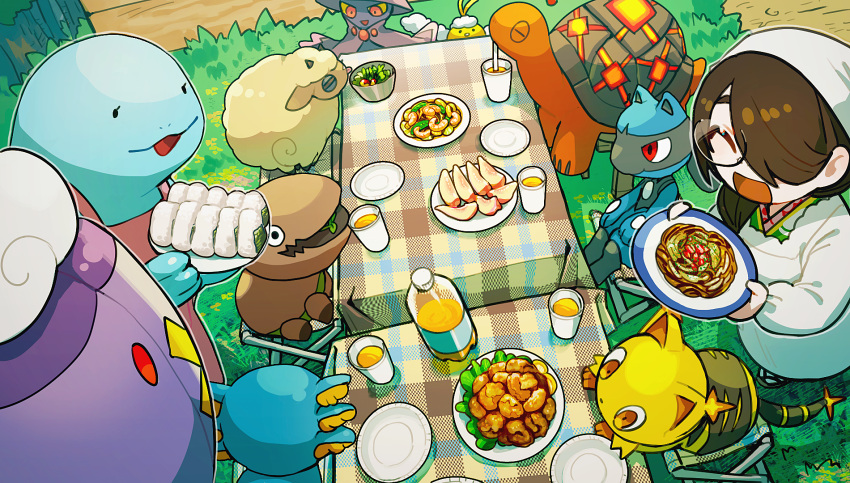1girl, bottle, character_request, closed_eyes, cup, drifblim, food, glasses