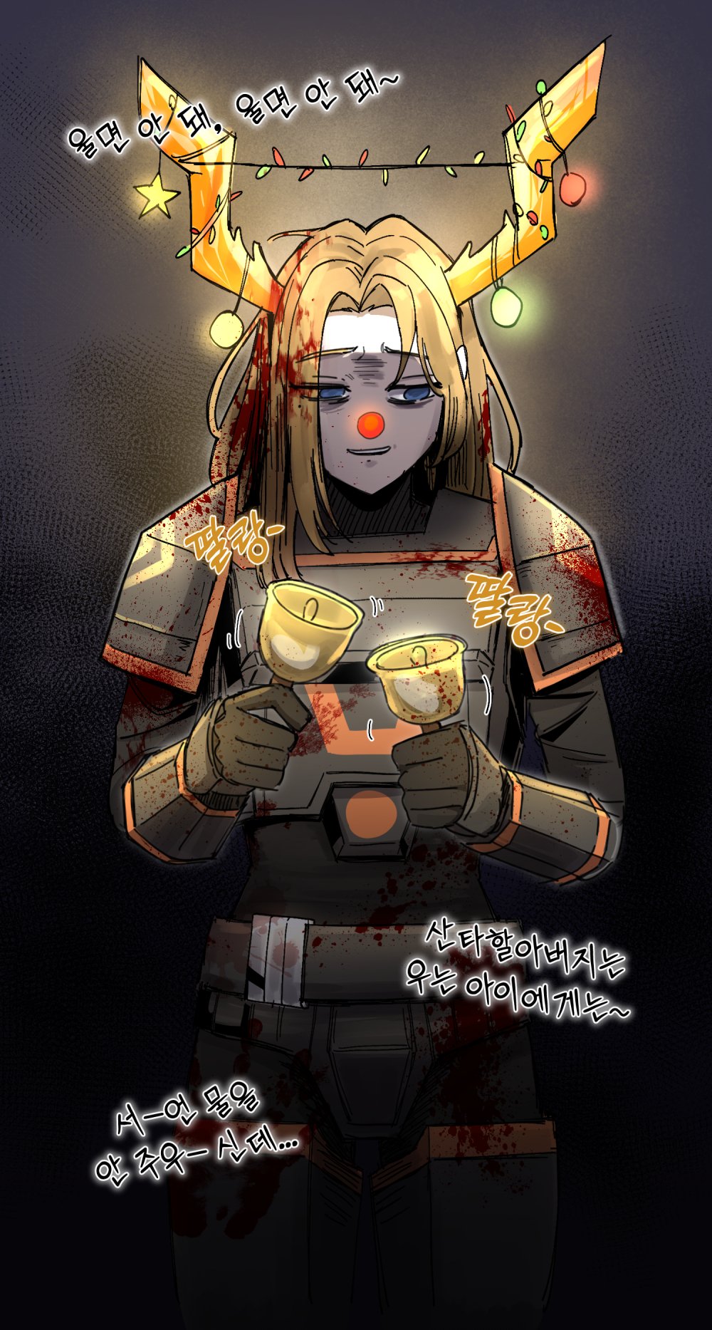 1girl, antlers, bell, black_background, black_gloves, blood, blood_in_hair, blood_on_clothes