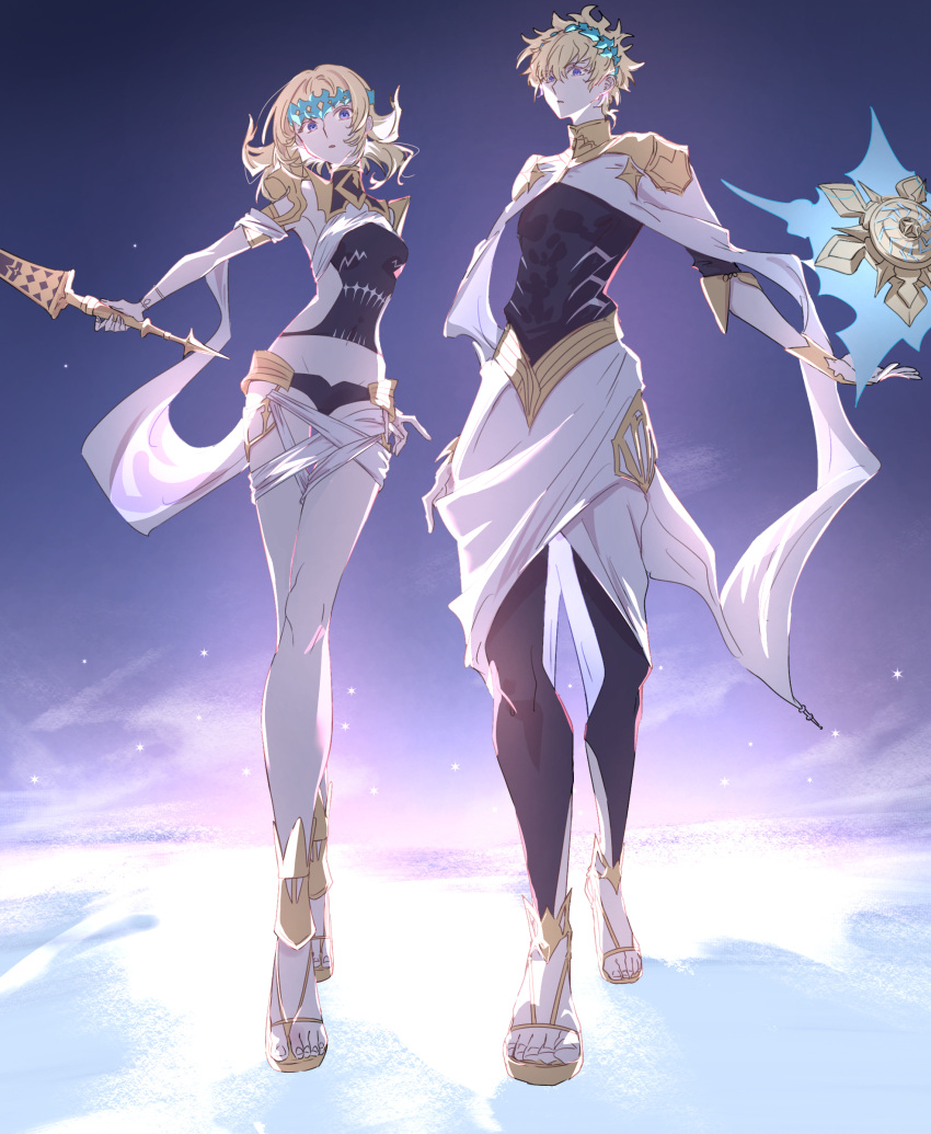 1boy, 1girl, absurdres, armlet, backlighting, black_pants, black_shirt, blonde_hair