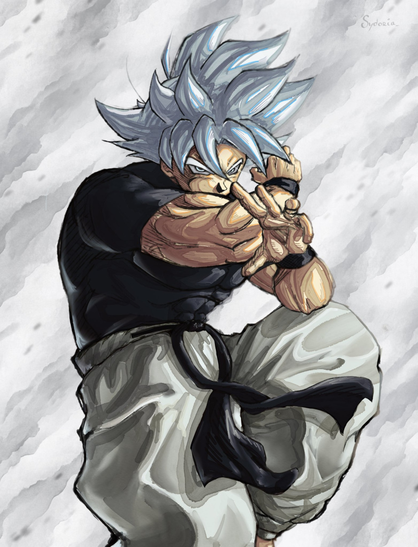 1boy, black_shirt, colored_eyelashes, cosplay, dragon_ball, dragon_ball_super, fighting_stance, gojou_satoru
