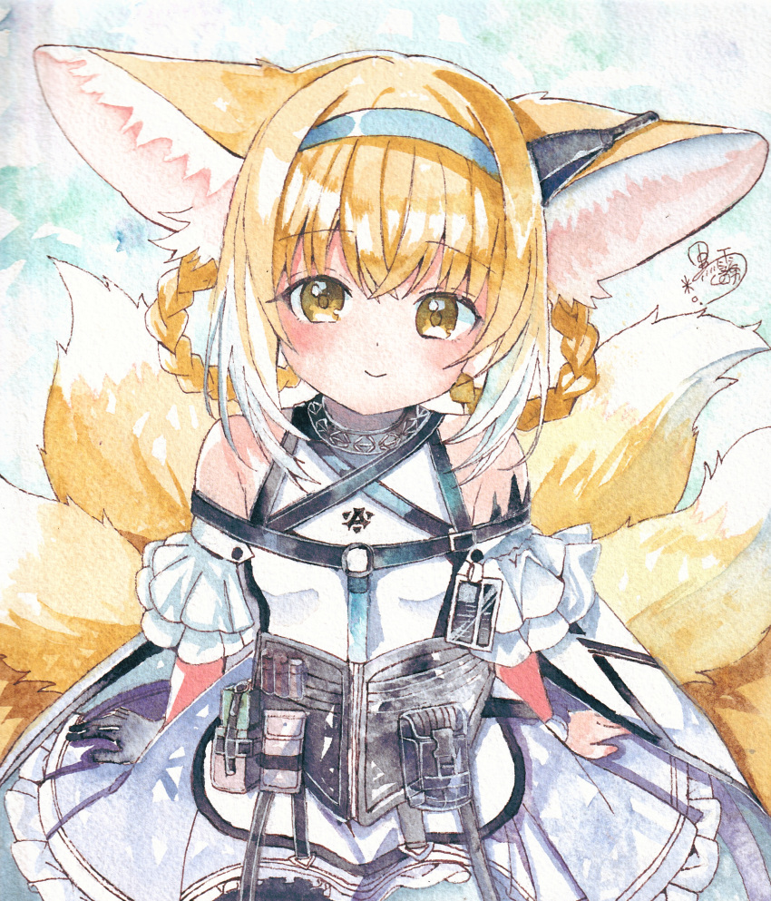 1girl, absurdres, animal_ears, arknights, bare_shoulders, blonde_hair, blue_hairband, braid, fantasydolce, fox_ears, fox_girl, fox_tail, hairband, highres, looking_at_viewer, material_growth, multiple_tails, oripathy_lesion_(arknights), smile, solo, suzuran_(arknights), tail, traditional_media