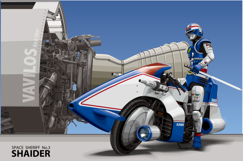 1boy, highres, male, metal_hero, motor_vehicle, motorcycle, shaider, solo