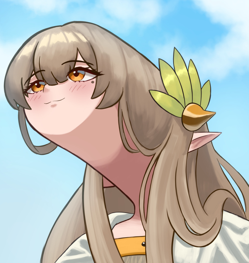 1girl, absurdres, arknights, blue_sky, brown_hair, clouds, commentary, english_commentary