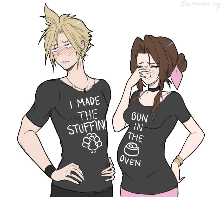 1boy, 1girl, aerith_gainsborough, bangle, black_choker, black_pants, black_shirt, blonde_hair, blush, bracelet, breasts, brown_hair, choker, closed_eyes, cloud_strife, couple, final_fantasy, final_fantasy_vii, furrowed_brow, hair_bun, hair_ribbon, hand_on_own_face, hand_on_own_hip, hands_on_own_hips, hetero, highres, hu_manbee_ing, jewelry, long_hair, medium_breasts, necklace, pants, parted_bangs, pink_ribbon, pink_skirt, pregnant, print_shirt, ribbon, ring, shirt, short_hair, short_sleeves, sidelocks, skirt, spiky_hair, twitter_username, updo, upper_body, white_background, wristband
