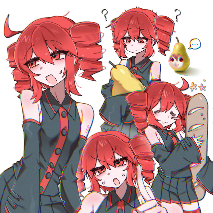 1girl, :3, =_=, ?, ahoge, baguette, bare_shoulders, bread