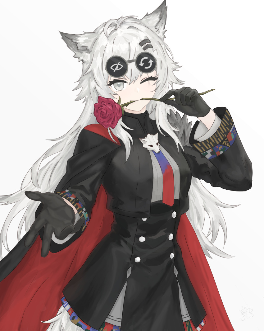 1girl, ;), absurdres, animal_ears, arknights, black_cape, black_gloves, black_jacket