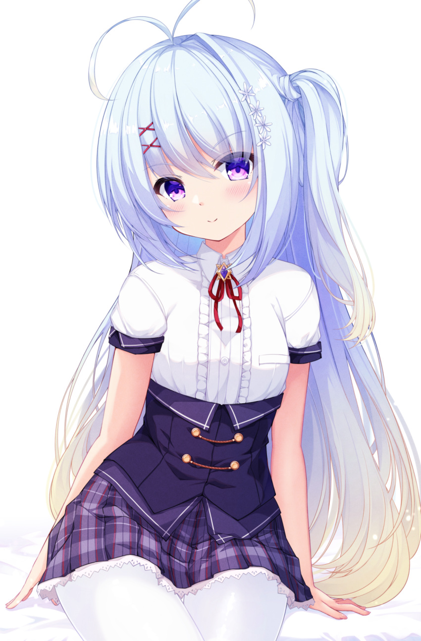 1girl, antenna_hair, bed_sheet, blue_hair, breasts, brown_hair, center_frills, closed_mouth, collared_shirt, commentary_request, dress_shirt, flower, frills, fuuna, gradient_hair, hair_flower, hair_ornament, head_tilt, highres, long_hair, looking_at_viewer, lucia_valignano, multicolored_hair, neck_ribbon, one_side_up, pantyhose, plaid_clothes, plaid_skirt, puffy_short_sleeves, puffy_sleeves, purple_skirt, red_ribbon, ribbon, shirt, short_sleeves, simple_background, single_hair_intake, sitting, skirt, small_breasts, smile, solo, unless_terminalia, very_long_hair, violet_eyes, white_background, white_flower, white_pantyhose, white_shirt, x_hair_ornament