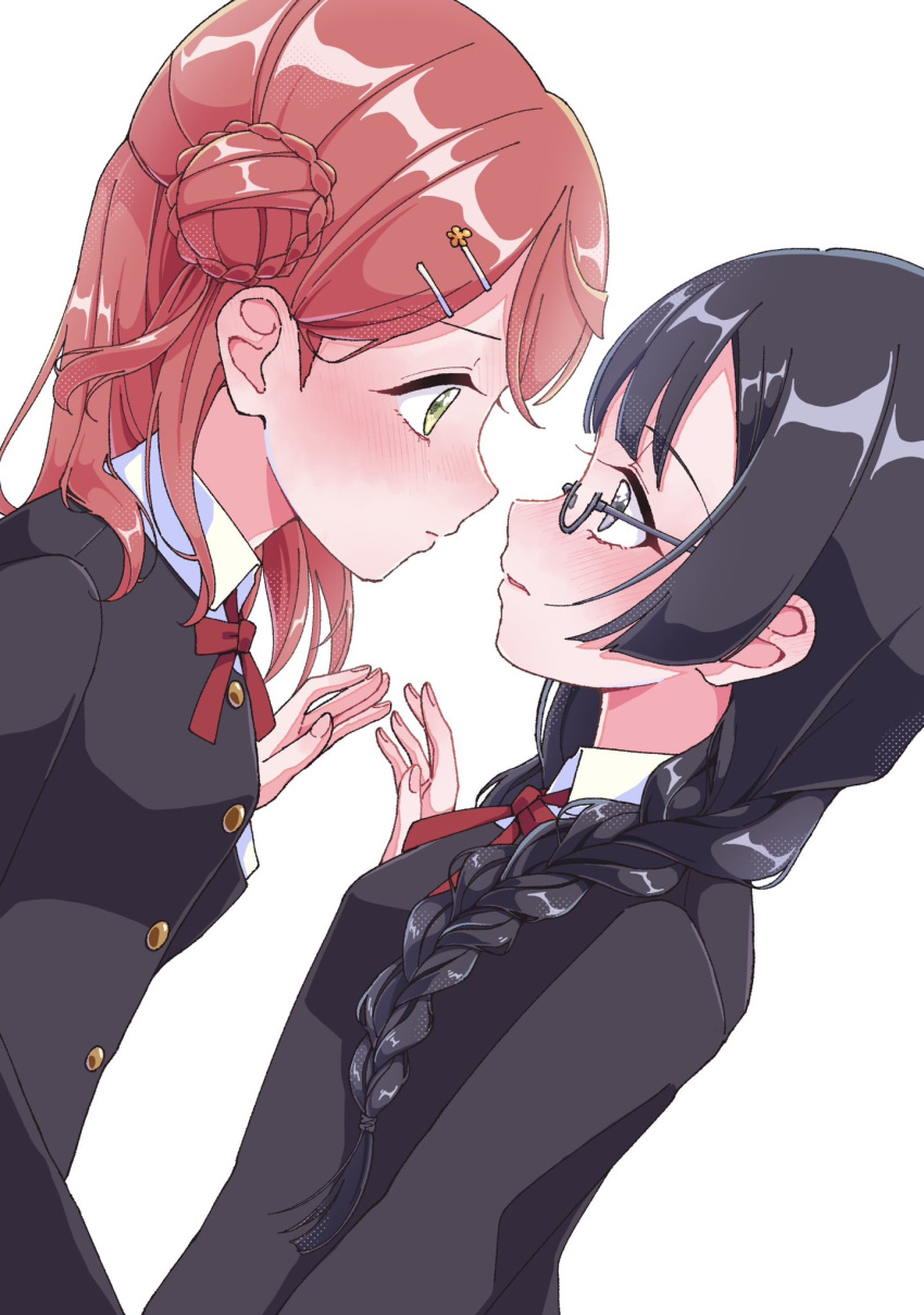 2girls, black_hair, black_jacket, blush, braid, bun_with_braided_base, closed_mouth, collared_shirt, commentary, dress_shirt, eye_contact, from_side, glasses, green_eyes, hair_bun, hair_ornament, hairclip, highres, jacket, long_hair, looking_at_another, love_live!, love_live!_nijigasaki_high_school_idol_club, low_twin_braids, mikage_emerald, multiple_girls, nakagawa_nana, neck_ribbon, nijigasaki_school_uniform, nose_blush, parallel_hairclips, parted_lips, pink_hair, profile, red_ribbon, ribbon, school_uniform, semi-rimless_eyewear, shirt, single_side_bun, twin_braids, uehara_ayumu, under-rim_eyewear, upper_body, white_shirt, winter_uniform, yuki_setsuna, yuri