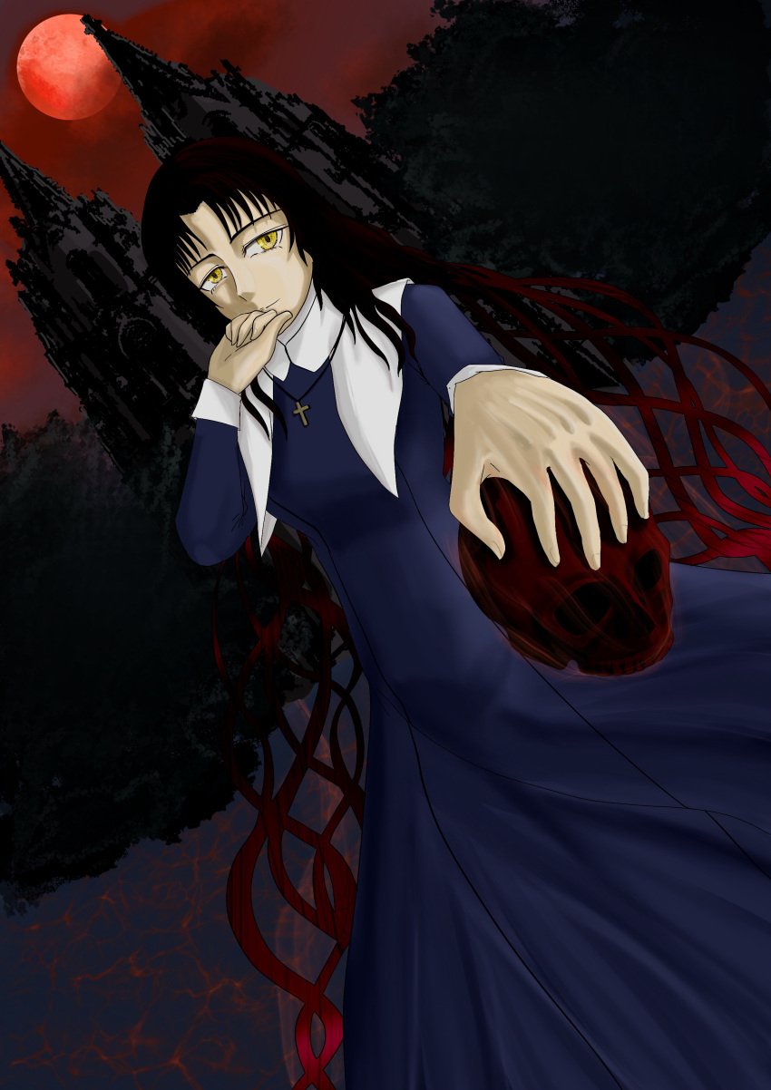 absurdres, black_hair, breasts, church, closed_mouth, cross, cross_necklace, dress, hand_on_own_face, highres, holding, holding_skull, jewelry, kissyoin_kiara, light_smile, long_hair, long_sleeves, looking_at_viewer, magic, medium_breasts, moon, necklace, night, nun, red_moon, sessyoin_kiara, skull, sky, tree, tsukihime, tsukihime_(remake), unaunaunagi, very_long_hair, yellow_eyes