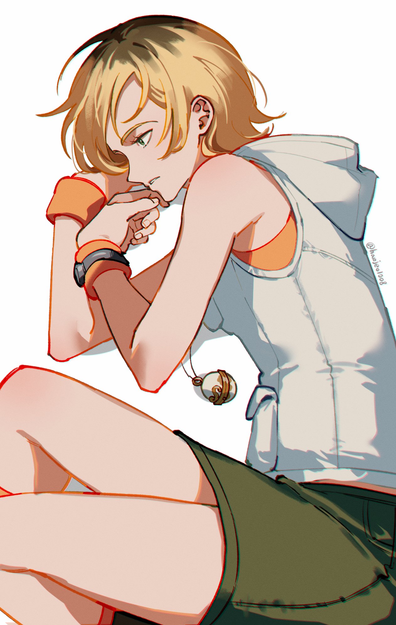 1girl, bare_shoulders, black_roots, blonde_hair, breasts, feet_out_of_frame, green_skirt, haejeo1008