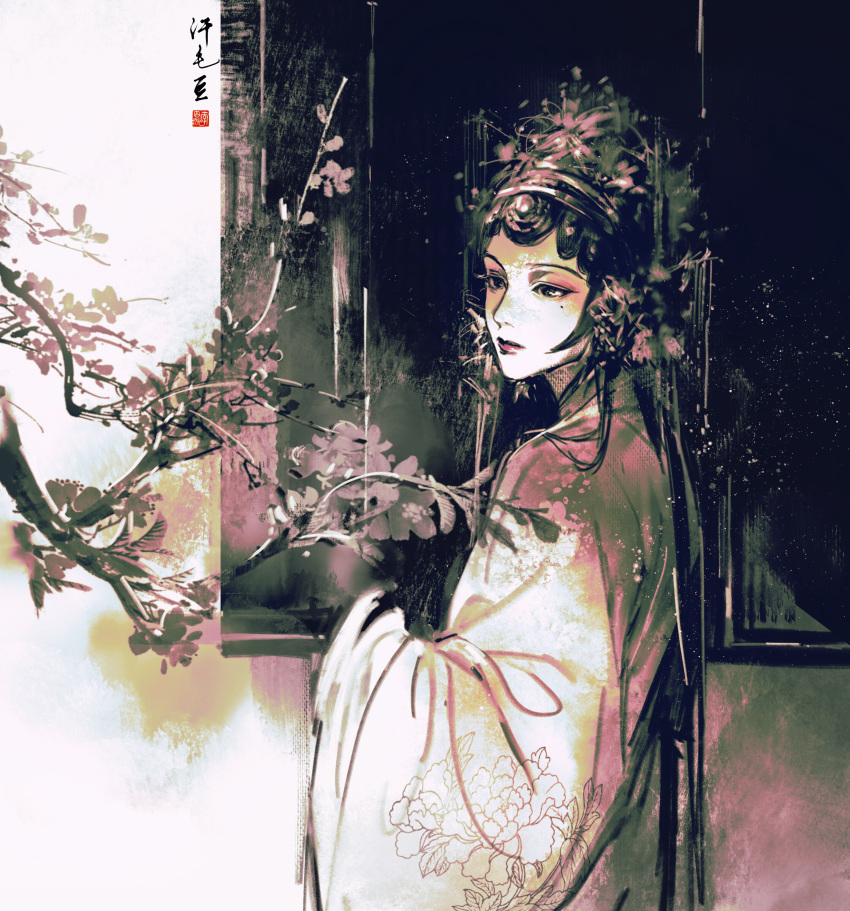 1girl, absurdres, branch, chinese_clothes, chinese_commentary, closed_mouth, commentary_request, floral_print, hanmaodou47529, headwear_request, highres, long_hair, long_sleeves, mole, mole_under_eye, monochrome, original, red_lips, solo, spot_color, upper_body, wide_sleeves
