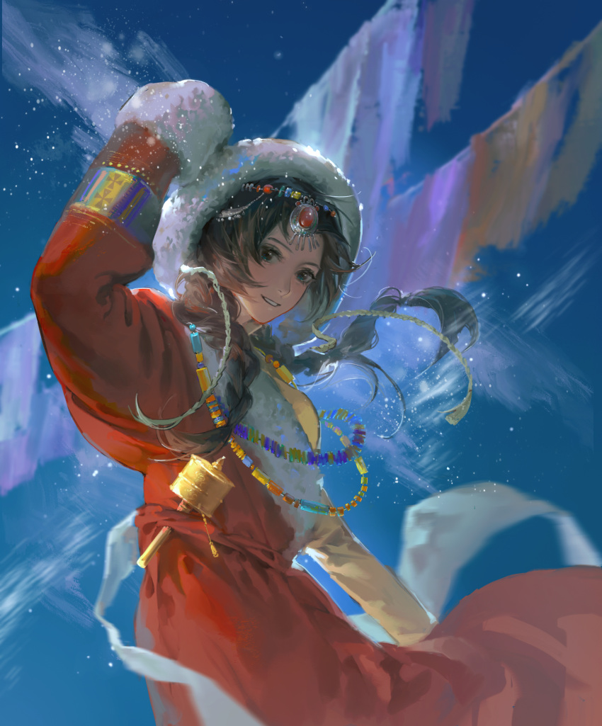 1girl, absurdres, bead_necklace, beads, black_eyes, black_hair, blue_sky, braid