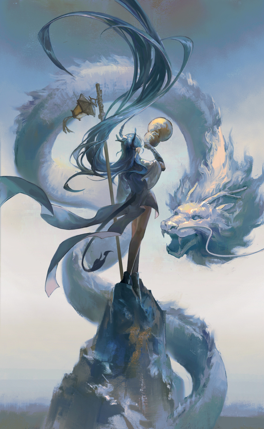 1girl, absurdly_long_hair, absurdres, arknights, black_boots, black_gloves, blue_hair, boots, chinese_commentary, commentary_request, dragon, dragon_girl, dragon_horns, dragon_tail, eastern_dragon, eastern_dragon_horns, eastern_dragon_tail, elbow_gloves, floating_hair, from_side, full_body, gloves, gourd, hanmaodou47529, highres, holding, holding_gourd, horns, ling_(arknights), long_hair, outdoors, solo, tail, very_long_hair, wide_sleeves