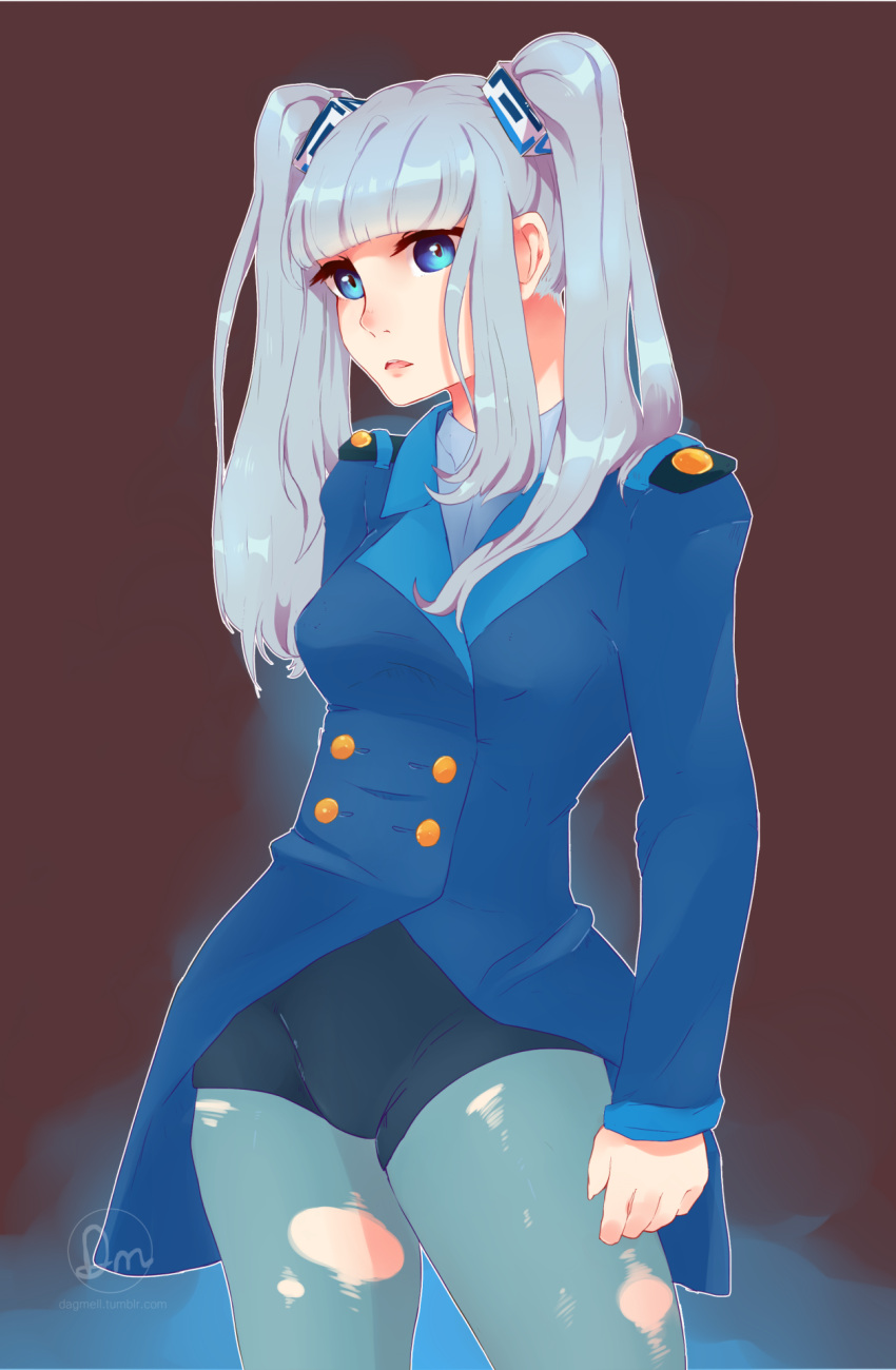 1girl, bad_link, black_shorts, blue_eyes, blue_jacket, blue_pantyhose, blunt_bangs, breasts