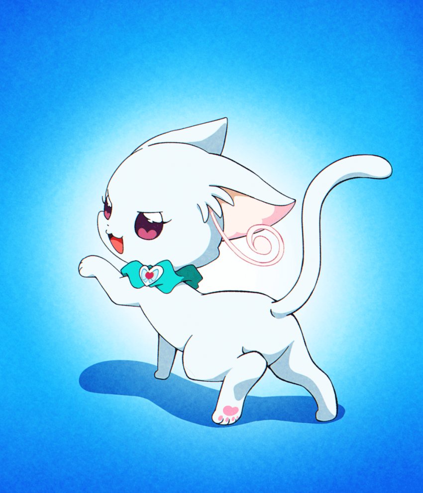 1girl, @est@, animalization, aqua_scrunchie, back, cat, collar_charm, nekoyashiki_mayu