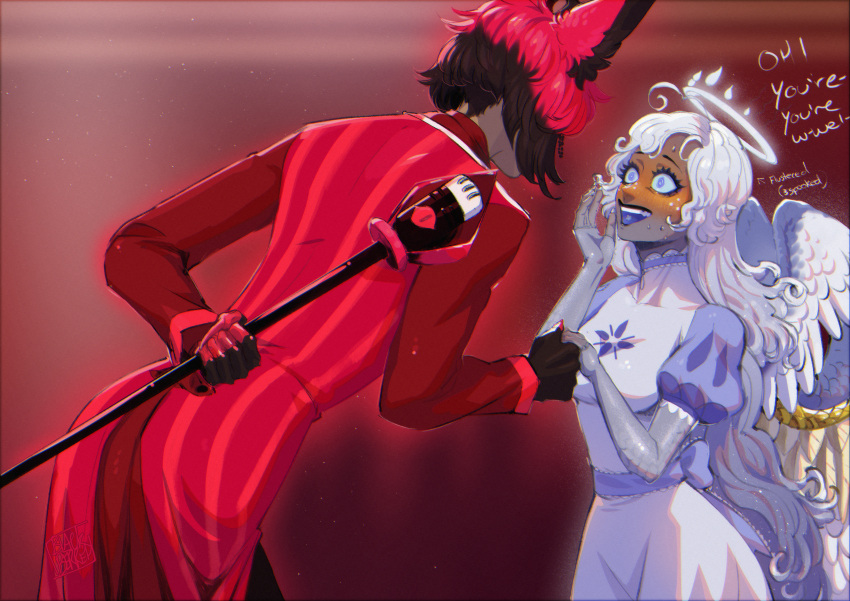 1boy, 1girl, absurdres, alastor_(hazbin_hotel), angel, angel_wings, blackberreh-art, dark-skinned_female