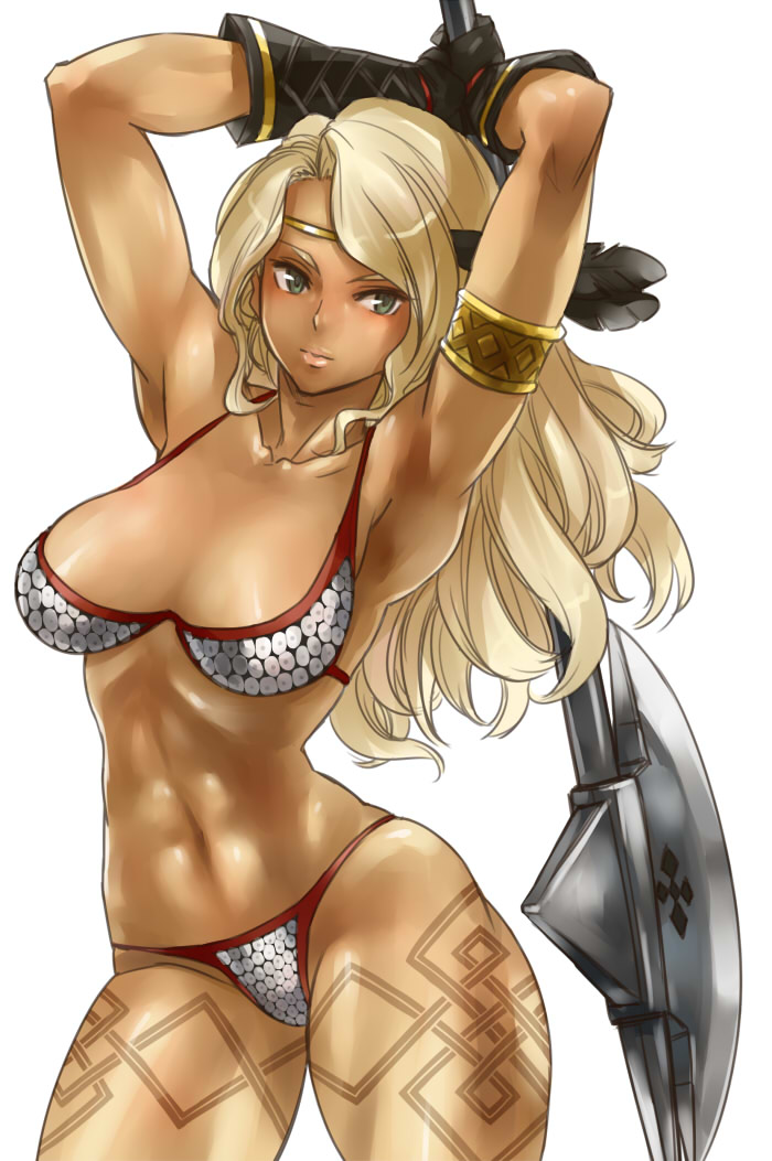 amazon, amazon_(dragon's_crown), amazon_(dragon's_crown), armlet, armpits, arms_up, axe, bad_id