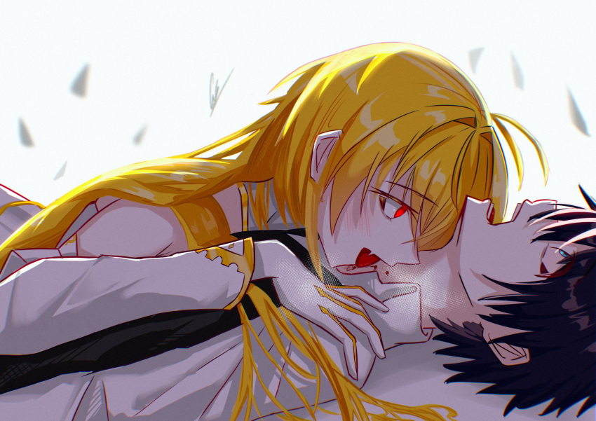 1boy, 1girl, ahoge, archetype_earth, arcueid_brunestud, bare_shoulders, bite_mark, bite_mark_on_neck
